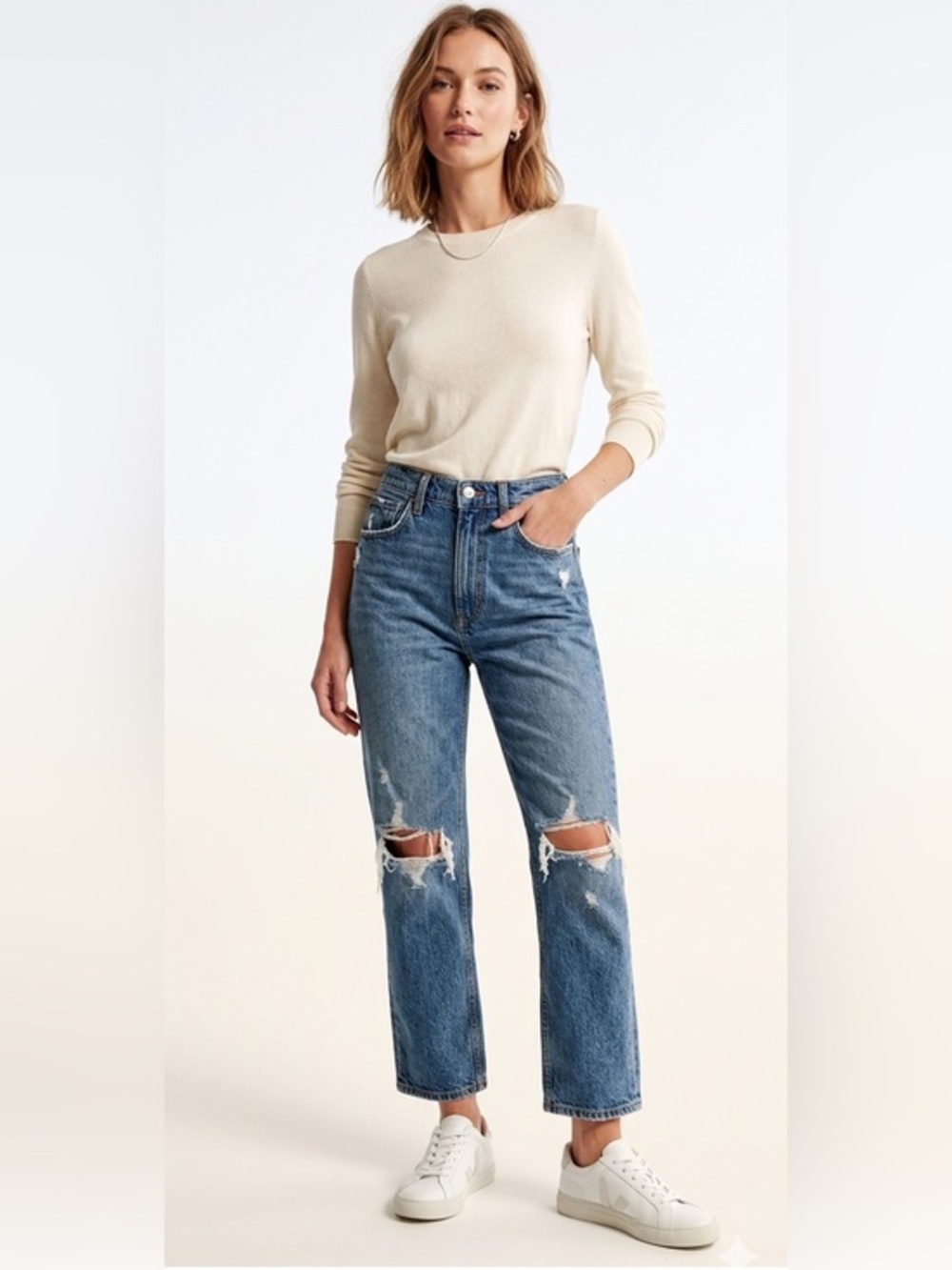 Abercrombie & Finch Blue The 90s Straight Leg Jean Distressed Size 2 XXS Cotton
